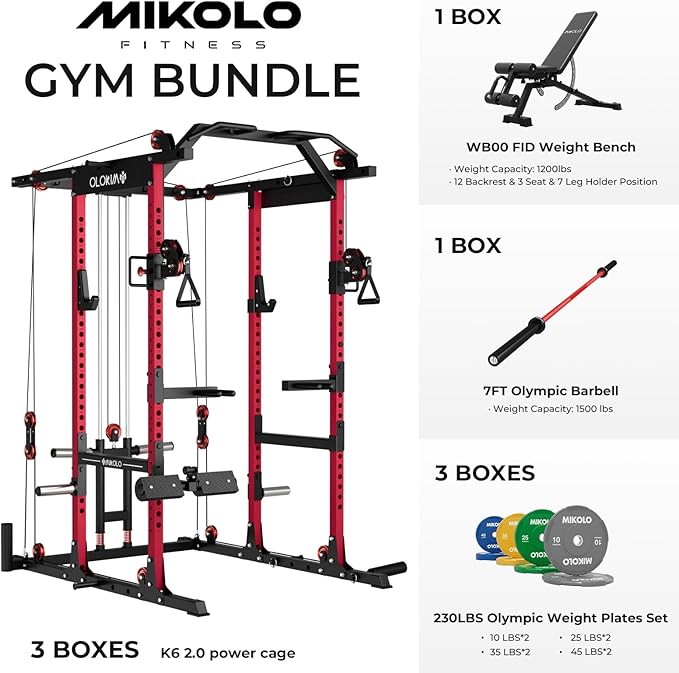 Mikolo K6 2.0 Power Cage, Power Rack with Cable Crossover System, 2000LBS Squat Rack with LAT Pull Down System, Functional Trainer with Aluminum Pulley System for Home Gym