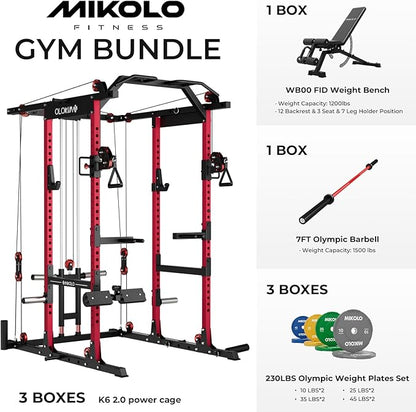 Mikolo K6 2.0 Power Cage, Power Rack with Cable Crossover System, 2000LBS Squat Rack with LAT Pull Down System, Functional Trainer with Aluminum Pulley System for Home Gym