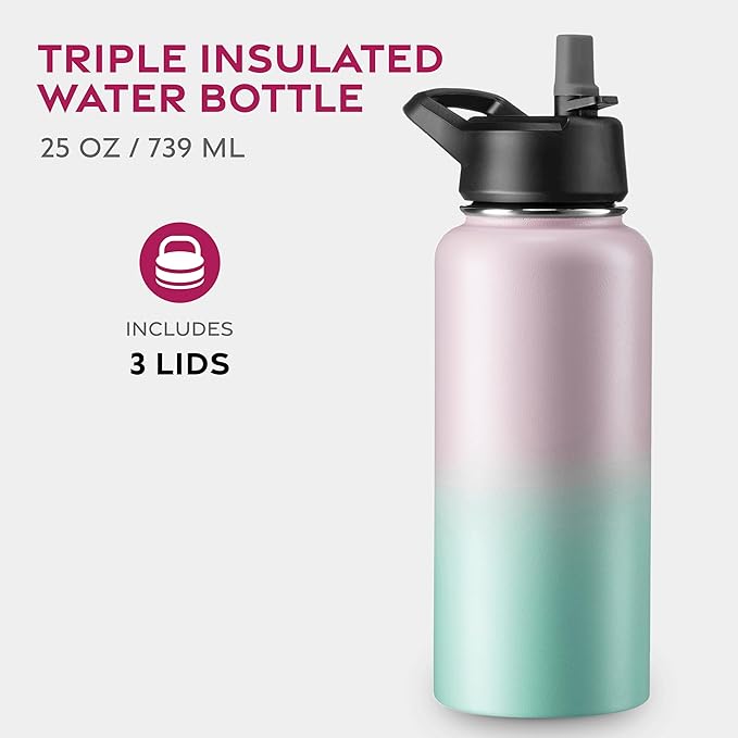FineDine Water Bottle - Stainless Steel Insulated Water Bottle with Straw Lid, Flip Lid & Wide-Mouth Cap - Keeps Hot and Cold - 32 Oz / 946ml - Dreamy Pink-Green