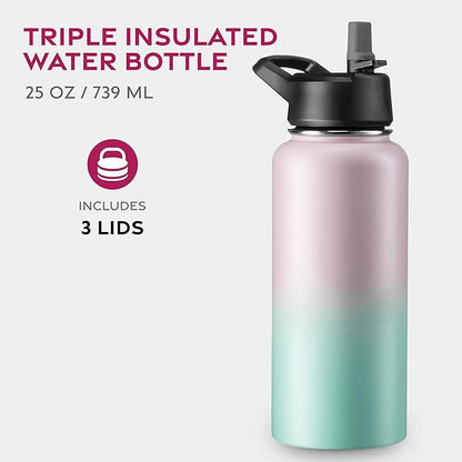 FineDine Water Bottle - Stainless Steel Insulated Water Bottle with Straw Lid, Flip Lid & Wide-Mouth Cap - Keeps Hot and Cold - 32 Oz / 946ml - Dreamy Pink-Green