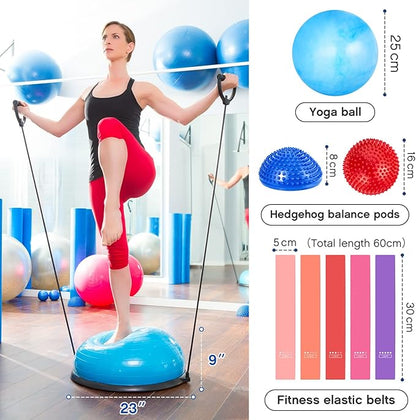 Honoson Half Ball Trainer Yoga Ball with Resistant Band Foot Pump Set, Half Exercise with Fitness Elastic Belt Hedgehog Balance Pods for Core Stability Full Body Workout Gym