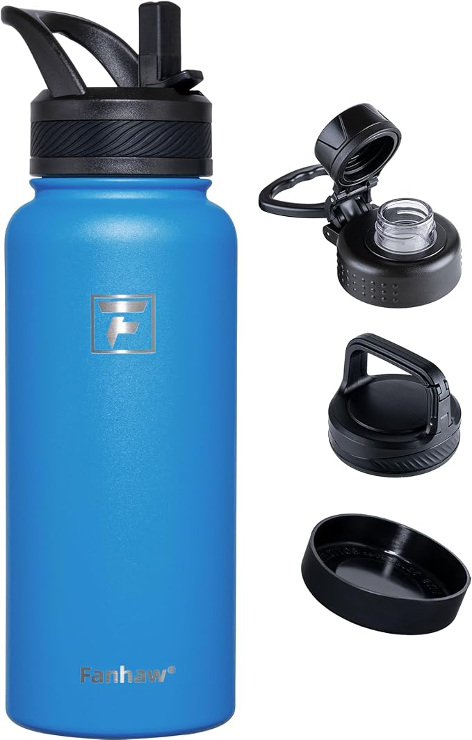 Fanhaw 32 oz Insulated Water Bottle – Portable Stainless Steel Flask with 3 Lids (Straw, Spout, Carabiner) | Leakproof, for Gym, Hiking, Work, Travel & Everyday Use (Sky Blue)