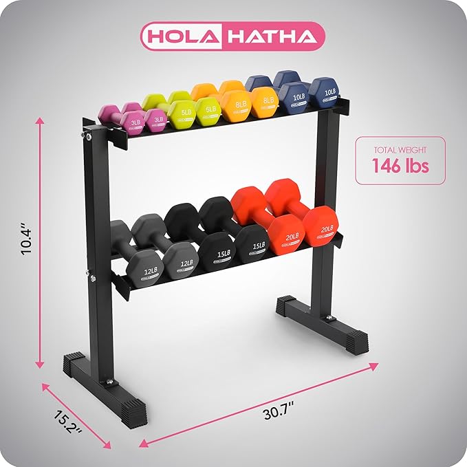 HolaHatha 146 Pound Neoprene Coated Non Slip Dumbbells with Rack for Strength Training, Includes 3, 5, 8, 10, 12, 15, & 20 Pound Sets, Multicolor