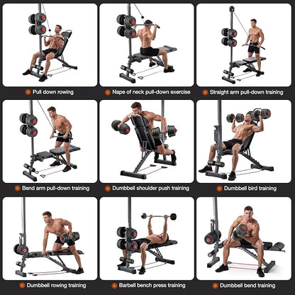 12-in-1 Home Gym LAT Pull Down & High Pulley System - Full Body Training Machine for Back, Chest, Arms & Tricep Workouts (Included Free Training Poster)