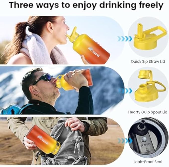 Insulated Water Bottle 64 oz, Triple Wall Vacuum Stainless Steel(Cold for 48 Hrs),Leak Proof & BPA-Free,Half Gallon Water Bottle with Reflective Paracord & Flip Straw for Sports & Travel, Sunset
