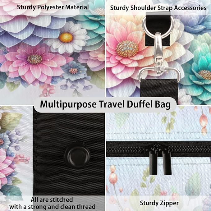 Travel Duffel Bag Rainbow Flower Sport Tote Gym Bag Waterproof Foldable Carryon Weekend Overnight Training Handbag Sports Duffle Bags for Women Men Boys Girls