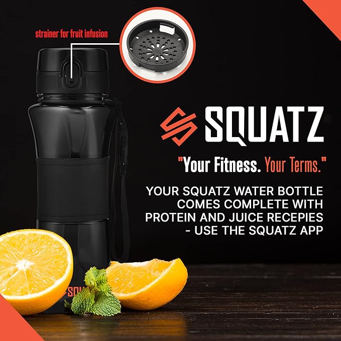 SQUATZ 24 Oz Poseidon Series Water Bottle with Shaker Ball - Premium Quality Wide Mouth Gym Flask w/Fruit Infuser Strainer, Fixed Buckle Carrying Strap, Zero Condensation Sleeve, Black