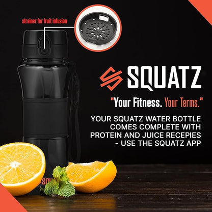 SQUATZ 24 Oz Poseidon Series Water Bottle with Shaker Ball - Premium Quality Wide Mouth Gym Flask w/Fruit Infuser Strainer, Fixed Buckle Carrying Strap, Zero Condensation Sleeve, Black