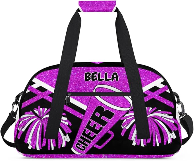 Custom Sports Duffel Cheerleaders Bag Girls, Sports Travel Bag Tote Carry On Weekender Gym Dance Cheer Sleepover Bag, Bright Purple Glitters Black