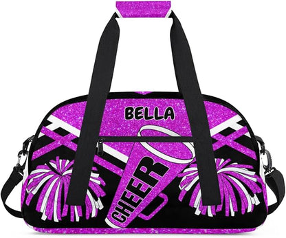 Custom Sports Duffel Cheerleaders Bag Girls, Sports Travel Bag Tote Carry On Weekender Gym Dance Cheer Sleepover Bag, Bright Purple Glitters Black