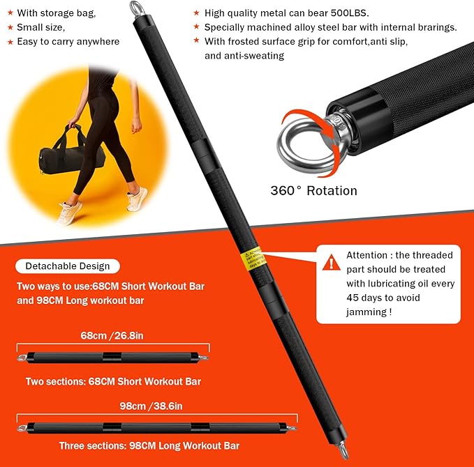 DASKING Portable Home Gym Resistance Band Set With8 Anti-Break Bands, Detachable 500LBS Pilates Bar, Full Body Workout Equipment w/Ankle Straps & Door Anchor