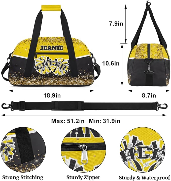 Personalized Cheer Gym Bags for Girls Kids Cheerleaders with Custom Name Sport Dance Perform Training Duffel Bags for Overnight Weekender Travel Yellow Black