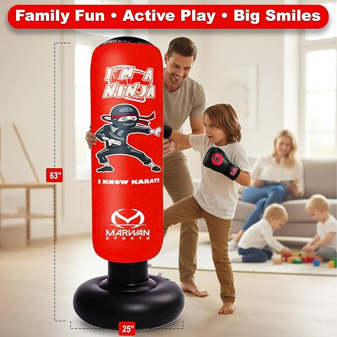 Marwan Sports Punching Bag for Kids with Boxing Gloves Ages 4-12 – 63" Inflatable Boxing Bag for Kids, Fast Rebound Set, Christmas & Birthday Gift for Boys & Girls