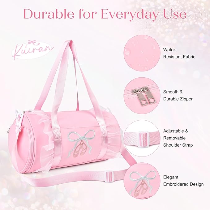 Dance Bag for girls, KUIRAN 8L Dance Duffel Bag with Separate Shoe Compartment Lightweight Water-resistant Sport Bag for Dance, Ballet, Gym, Travel - Pink