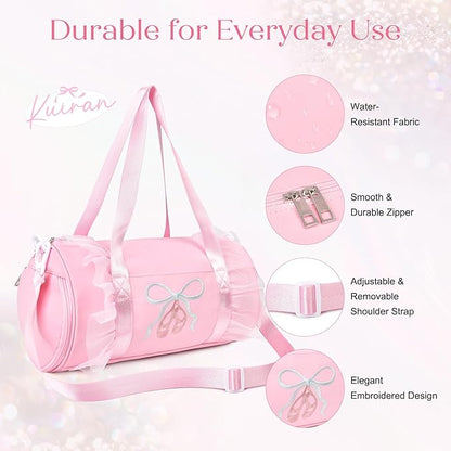 Dance Bag for girls, KUIRAN 8L Dance Duffel Bag with Separate Shoe Compartment Lightweight Water-resistant Sport Bag for Dance, Ballet, Gym, Travel - Pink