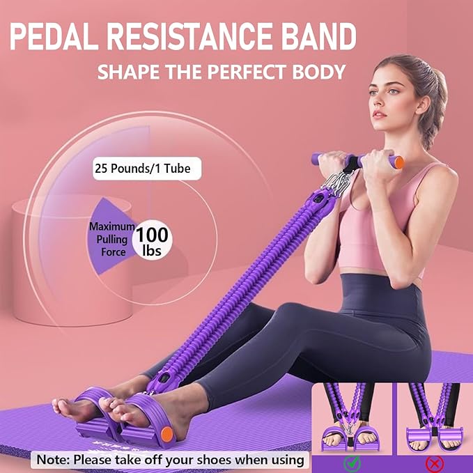 Upgrade Foot Pedal Resistance Band, 100lbs Adjustable 4 Tube Pedal Ankle Puller Resistance Band with Handle, Multifunction Home Gym Equipment, Stirrup Puller for Men Women for Full Body Workout