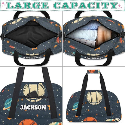 Personalized Basketball Gym Duffel Bags with Name for Kids Boys, Custom Sport Training Travel Bags for Overnight Weekender, Dark Blue Space