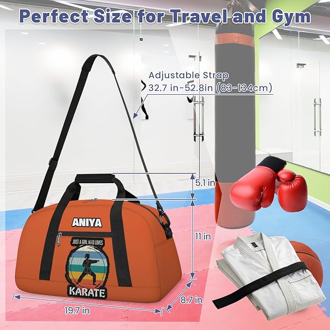 Custom Name Taekwondo Karate Duffle Bag for kids Boy Girls - Personalized Martial Arts Gear Bag, Water-Resistant Sparring Equipment Bag, Karate Orange