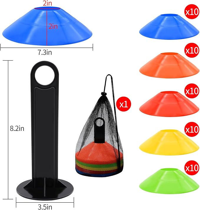 RUBY.Q 50/100/200pcs Disc Cones, Soccer Cones, Basketball Cones with Carry Bag and Holder, Football, Soccer, Basketball Training Equipment, 5 Colors