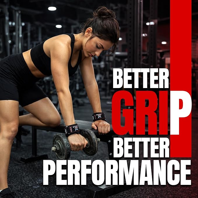 QTF Weight Lifting Grips (Pair) for Heavy Powerlifting, Wrist Straps for Deadlifts, Rows, Pull Ups, with Neoprene Padded Wrist Wraps Support and Strong Rubber Gloves or Straps for Bodybuilding.