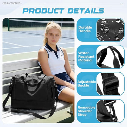 Small Black Gym Duffle Bag for Women Men with Shoe Compartment, Mini Cute Weekender Handbag Carry on Travel Bag for Airplane, Water Resistant Sports Yoga Tote Bag with Dry Wet Separated Pocket.