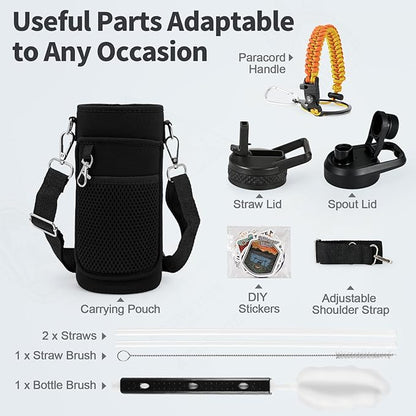 32 oz Insulated Water Bottle with Straw, Stainless Steel Triple Wall Vacuum Sports Water Jug, Leakproof Hydro Cup Flask with Paracord Handle & Straw Spout Lids & DIY Stickers