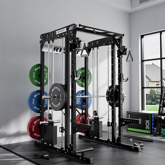 RitFit M2 Smith Machine with with Cable Crossover System, 3D Functional Trainer & Power Cage, 16 Adjustment Holes, 6 Storage Pegs for Full-Body Home Gym