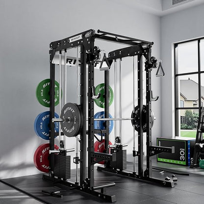RitFit M2 Smith Machine with with Cable Crossover System, 3D Functional Trainer & Power Cage, 16 Adjustment Holes, 6 Storage Pegs for Full-Body Home Gym
