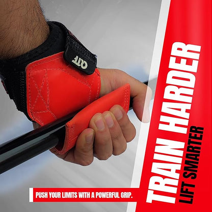 QTF Weight Lifting Grips (Pair) for Heavy Powerlifting, Wrist Straps for Deadlifts, Rows, Pull Ups, with Neoprene Padded Wrist Wraps Support and Strong Rubber Gloves or Straps for Bodybuilding.