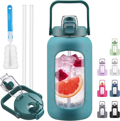 72oz Glass Water Bolttles, 3-in-1 Straw and Sip Spout Handle Lid, Half Gallon Water Bottle with Time Marker and Silicone Sleeve, BPA-Free Sports Water Bottle for Gym, School, Peacock Blue