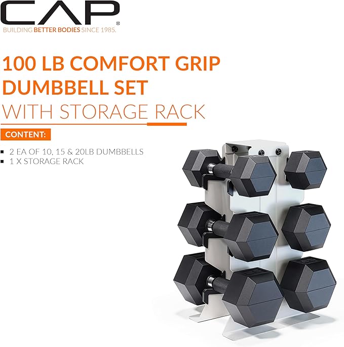 CAP Barbell Rubber Coated Hex Dumbbell Set with Vertical Rack | 100-300 lbs Free Weights Dumbbells Set for Home Gym | Multiple Options