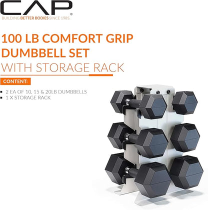 CAP Barbell Rubber Coated Hex Dumbbell Set with Vertical Rack | 100-300 lbs Free Weights Dumbbells Set for Home Gym | Multiple Options