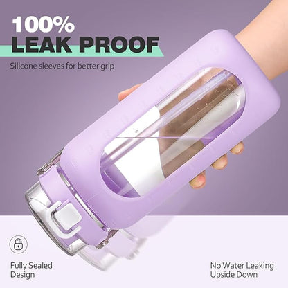 BLUEGO 64oz Water Bottle Glass with Stainless Steel Handle Large Water Bottle with Time Markers and Silicone Sleeve Half Gallon Water Jug BPA Free for Gym Daily Use, Purple