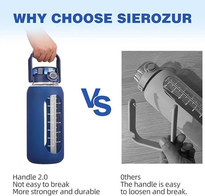SIEROZUR 64 oz Glass Water Bottle with Straw and Handle Lid Half Gallon Motivational Glass Bottle with Silicone Sleeve and Time Marker Large Reusable Sports Water Jug for Gym Home Workout
