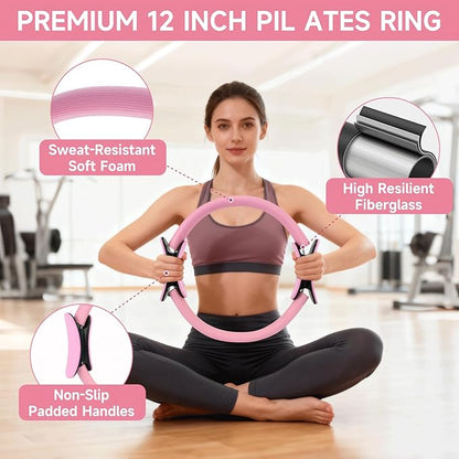 SAN LIKE Home Pilates Essentials Kit for Women, Pilates Equipment Ring and Ball Set, 12'' Magic Circle, Yoga Ball,8 Resistance Bands Premium Accessories Kits for Starter Toning Workouts at Home
