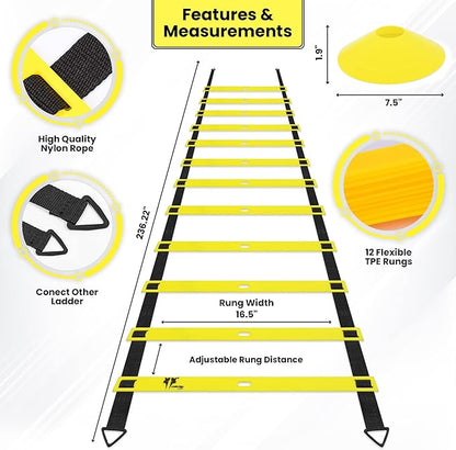 20ft Sports Agility Ladder for Men Women and Kids, Speed Youth Soccer Agility Training Equipment for Football, Exercise, Tennis, Legs Workout with Speed Parachute and Carry Bag