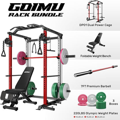 DP01 Power Cage, 2000LBS Squat Rack with with Cable Crossover and Dual Independent Pulley System, Full Cage for Full Body Training, Power Rack with More Training Attachments for Home Gym