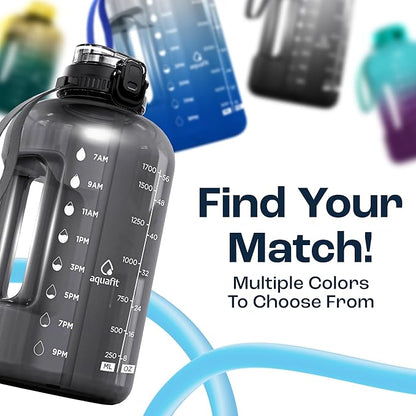 AQUAFIT Half Gallon Water Bottle with Time Marker - Straw & Chug Lid - BPA Free Gym Water Bottle with Straw - Big Gallon Jug (Frosty, 64 oz - 2in1 Lid)