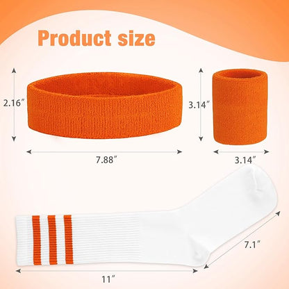 ONUPGO 5 Pieces Sweatbands Striped Socks Set Sports Headband Wristbands High Tube Socks 80s Accessories Costumes