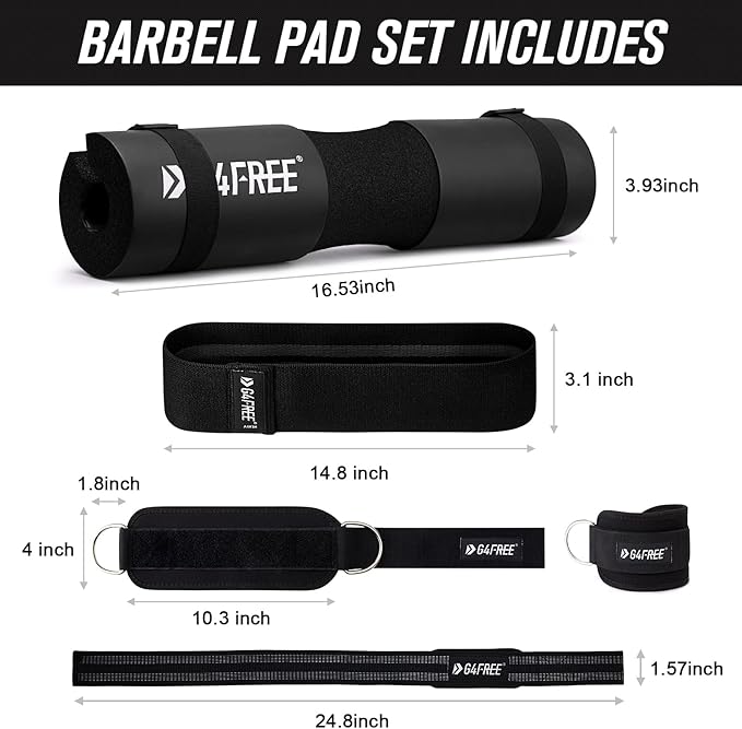 G4Free 9Pcs Barbell Pad Set for Squat, Hip Thrusts, Lunges, Leg day, Standard Olympic Bars with 2 Gym Ankle Safety Straps, 3 Hip Resistance Bands, 2 Lifting Strap, Barbell Pad, and Carry Bag