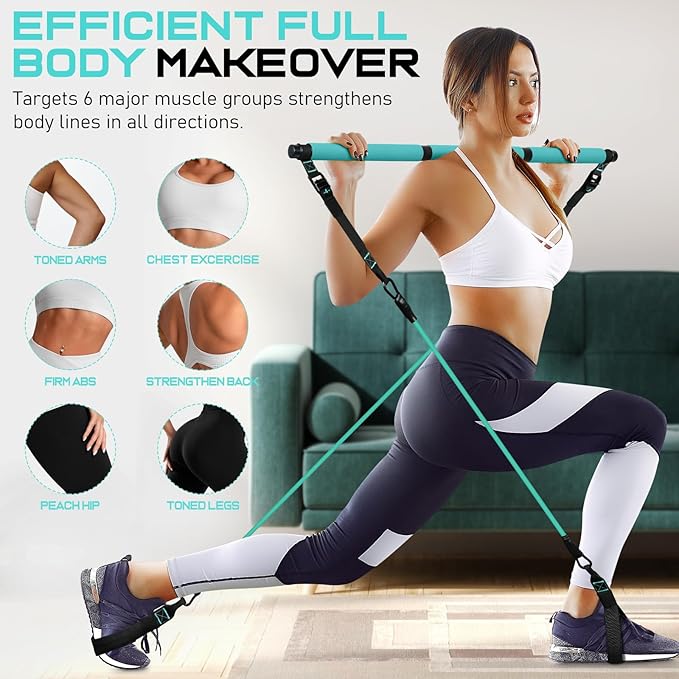 Pilates Bar Kit with Resistance Bands, Multifunctional Pilates Bar for Women & Men with Heavy-Duty Metal Adjustment Buckle, Pilates Home Equipment for Full BodyWorkouts