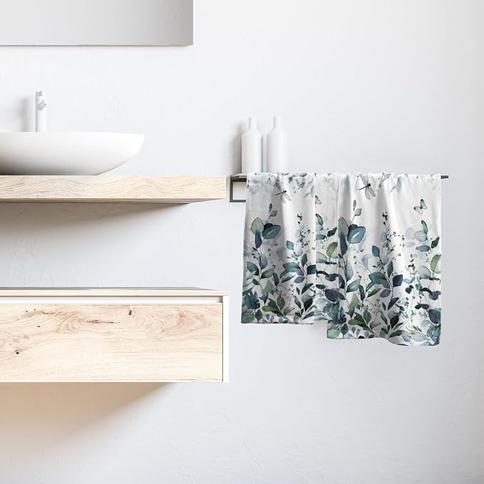 Dark Turquoise Eucalyptus Leaves Hand Towels Spring Turquoise Blue Botanical Fingertip Towel Set of 2 Watercolor Plant Butterfly Dragonfly Kitchen Dish Towels Decorative Bathroom Towels for Bath Spa