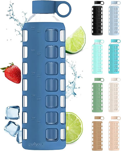purifyou 40oz / 32oz / 22oz / 12oz Borosilicate Glass Water Bottle with Time & Volume Markers, Silicone Sleeve, Stainless Steel Lid – Reusable Glass Bottle for Water & Juice (32oz Chinese Porcelain)