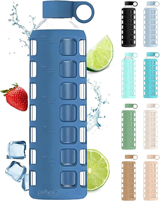 purifyou 40oz / 32oz / 22oz / 12oz Borosilicate Glass Water Bottle with Time & Volume Markers, Silicone Sleeve, Stainless Steel Lid – Reusable Glass Bottle for Water & Juice (32oz Chinese Porcelain)