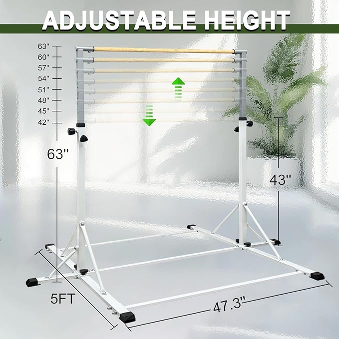 86 York Gymnastics Bar for Kids Ages 3-20, 5FT Base Length, 42" to 63" Adjustable Height, Horizontal Bar, Kip Bar for Gymnast, Gymnastic Training Equipment for Home, Gym Center