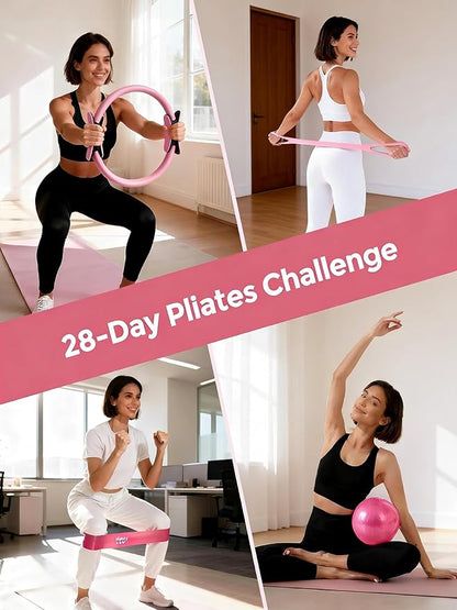 Home Pilates Ring and Ball Set for Women with 5 Resistance Bands 13 inch Magic Circle Workout Starter Kit for Beginners Full Body Toning 15 Min Daily Routine Pilates Equipment