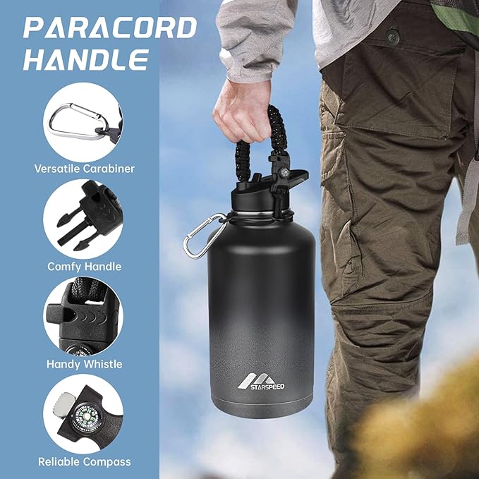 StarSpeed 64oz Insulated Water Bottle with Straws & 2 Lids, Half Gallon Stainless Steel Double Walled Vacuum Water Jug, Large Wide Mouth with Paracord Handle for Gym Camping Hiking, Dark Gray
