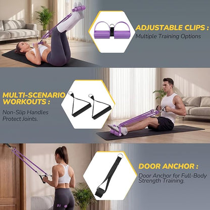 Upgrade Foot Pedal Resistance Bands with Handles, 4 Tube Adjustable Resistance Bands for Abdomen, Waist, Arm, Core/ABS, Leg Workout - Stirrup Puller for Men Women for Full Body Workout, Purple