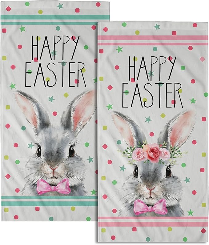Happy Easter Bath Hand Towels 2 Pack Mr & Mrs. Rabbits Kitchen Tea Dish Towels 14"x28" Cute Bunny Spring Holiday Soft Absorbent Washcloths for Yoga Gym Bath Shower