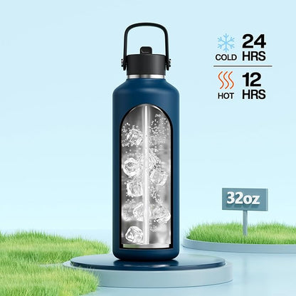 POWCAN 32 oz Water Bottle Insulated: BPA-Free, Leakproof Lid with Straw, Lightweight, Flex Cap, Stainless Steel Insulated Flask for Hoilday, Men, Commute, Worker, Walking, Cycling, Daily (Indigo Blue)